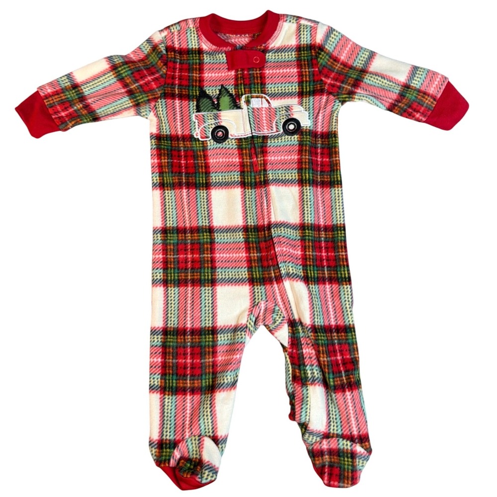 Eddie Bauer Footed Sleeper Baby 3M Plaid Red Truck Christmas Fleece NEW